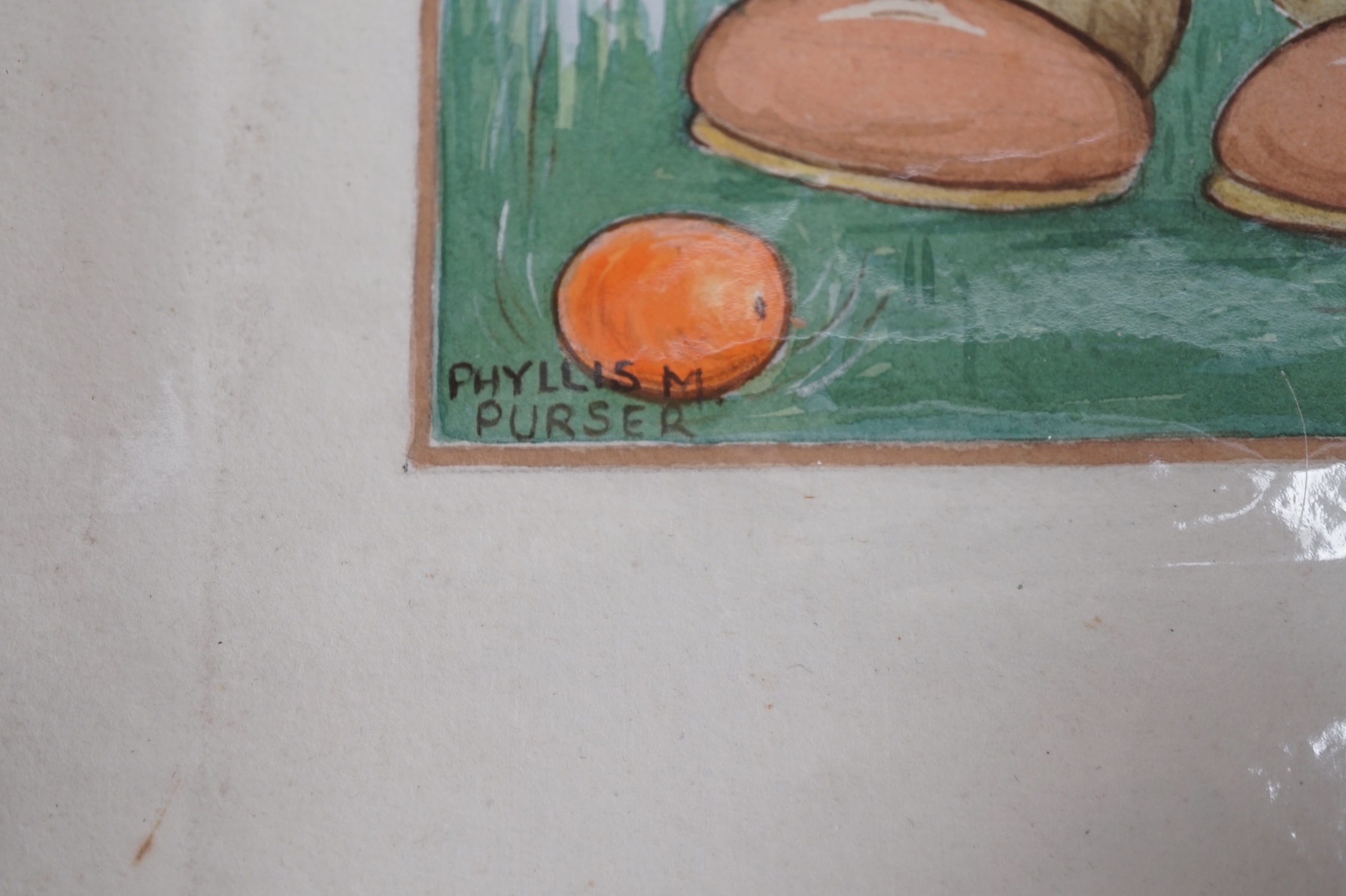 Phyllis Purser (1893-1990), six original watercolours on card for postcard designs, Humourous children, each signed, unframed, largest 39 x 28cm. Condition - fair, discolouration and creasing to the edges